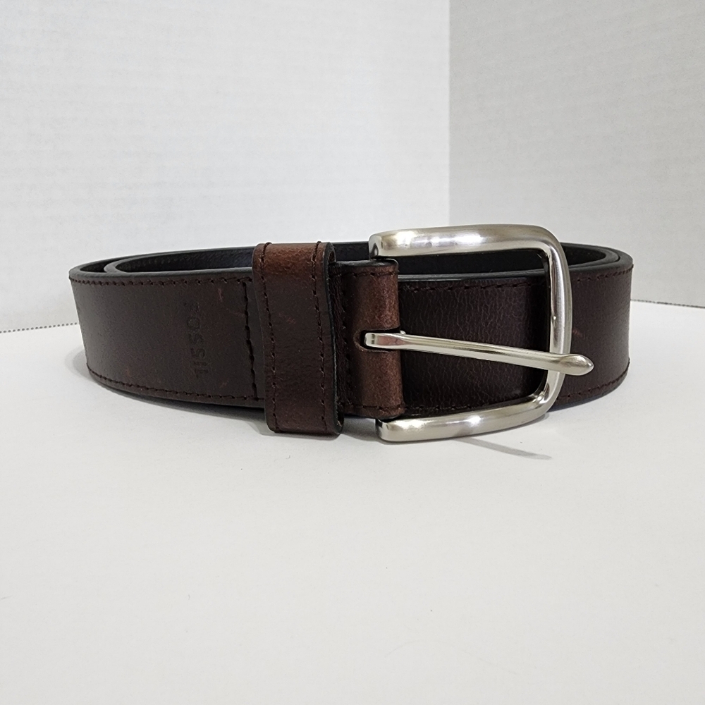Fossil Brown Genuine Leather Belt Silver Buckle Size 100/40